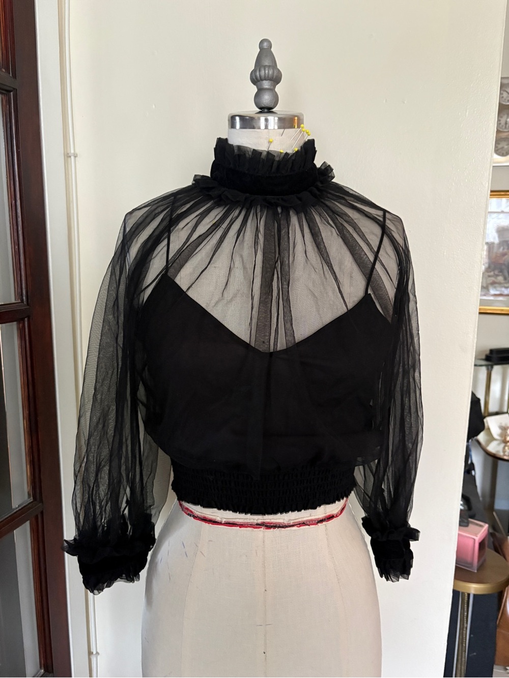 Alice + Olivia Sheer Black Ruffle High-Neck Crop Top